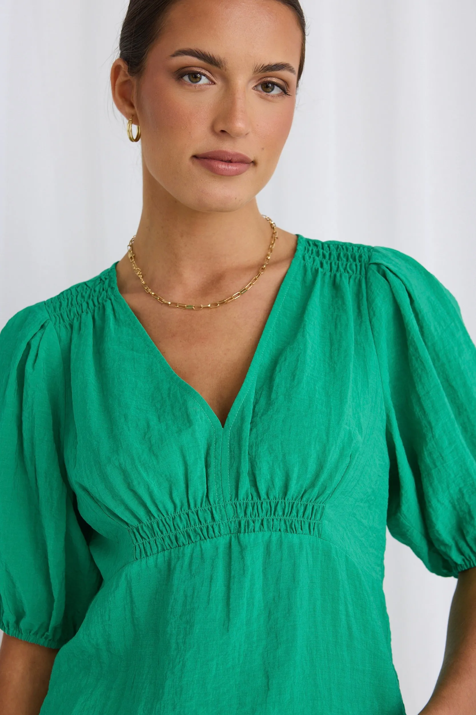 Believer Green Textured SS V Neck Top