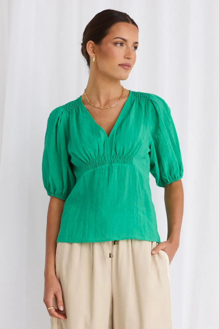 Believer Green Textured SS V Neck Top