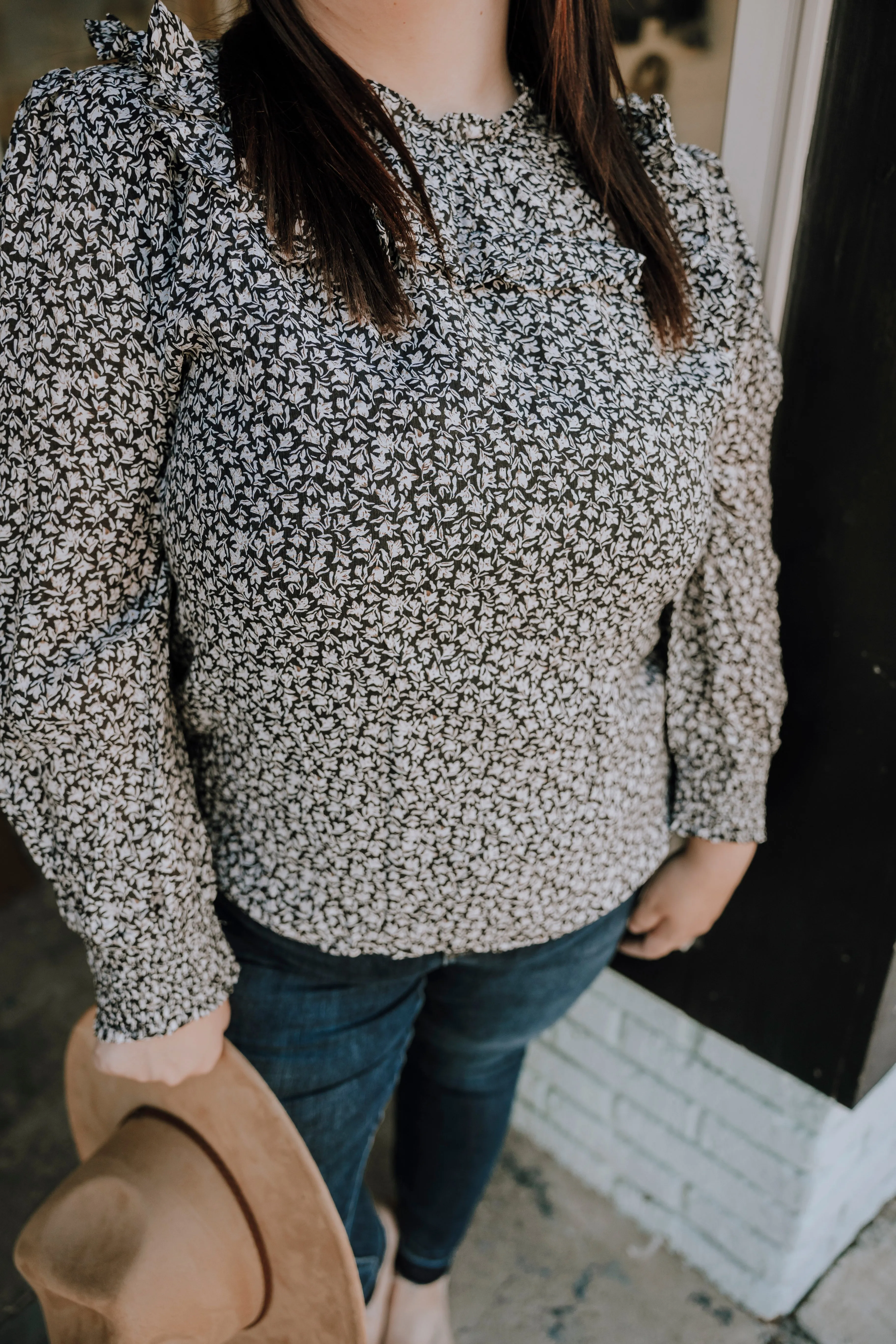 Black Floral Blouse with White Floral Print-Plus