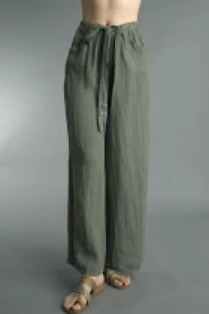 Dark Olive Waist Tied Linen Pants