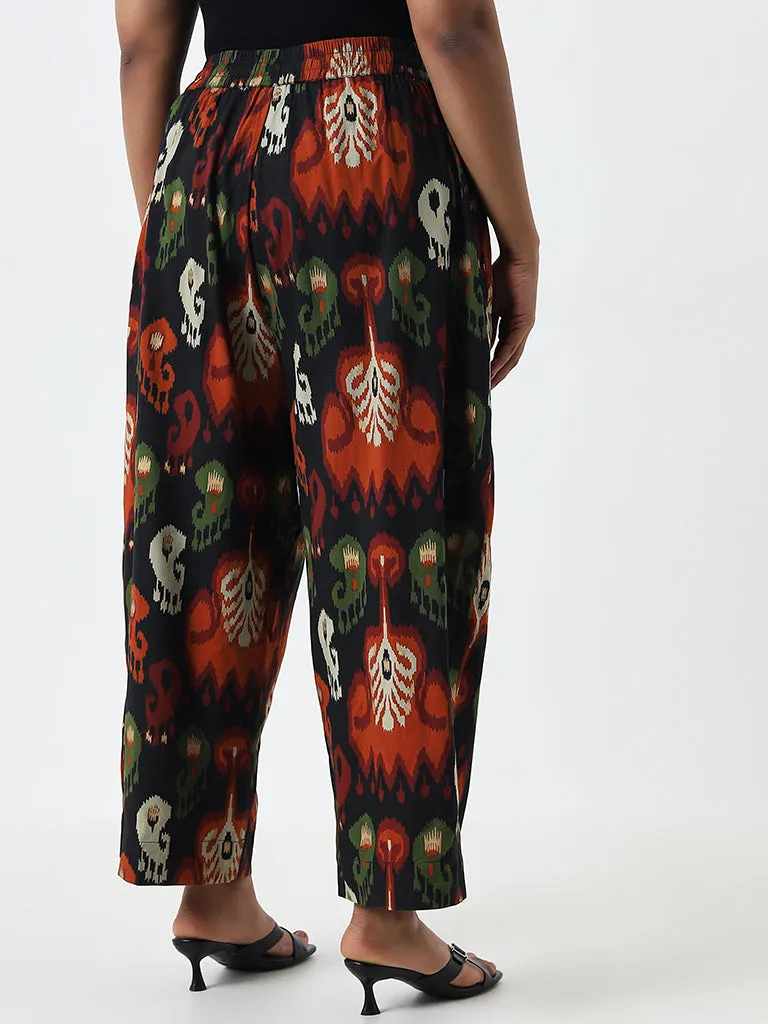 Diza Black Ikat Design High-Rise Ethnic Pants