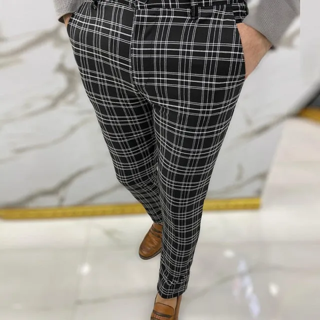 Flat Front Plaid Mid Waist Slim Business Pants