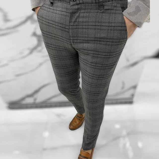 Flat Front Plaid Mid Waist Slim Business Pants