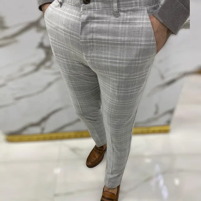 Flat Front Plaid Mid Waist Slim Business Pants