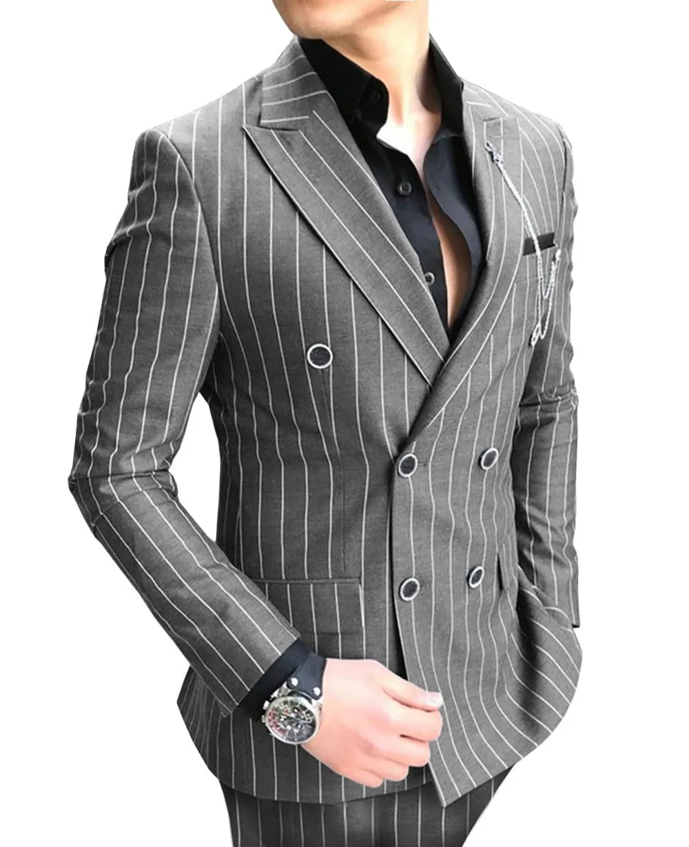 Formal Men's 2 Pieces Pinstripe Suit Peak Lapel Striped Tuxedos (Blazer Pants)