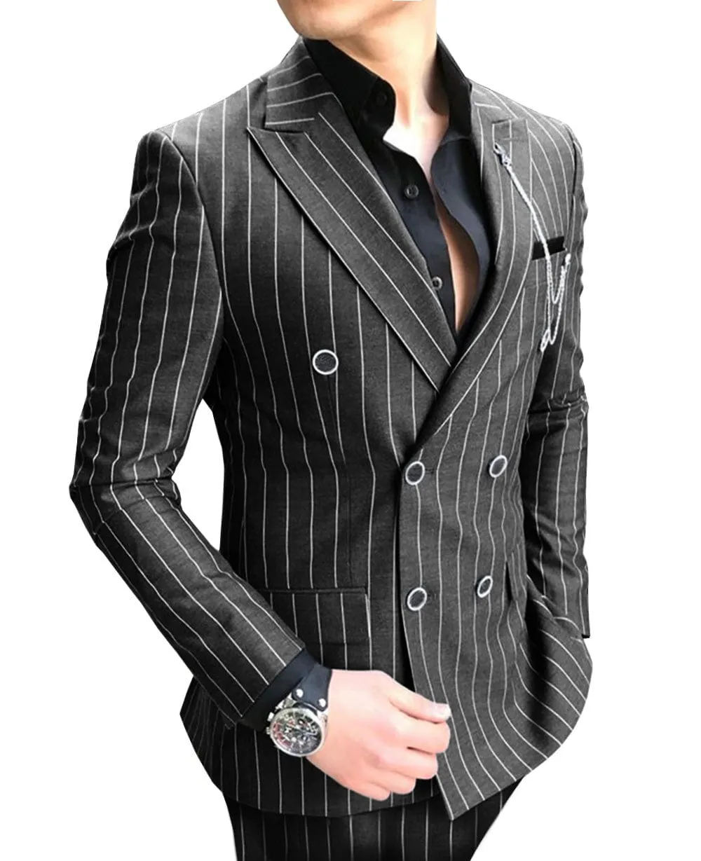 Formal Men's 2 Pieces Pinstripe Suit Peak Lapel Striped Tuxedos (Blazer Pants)