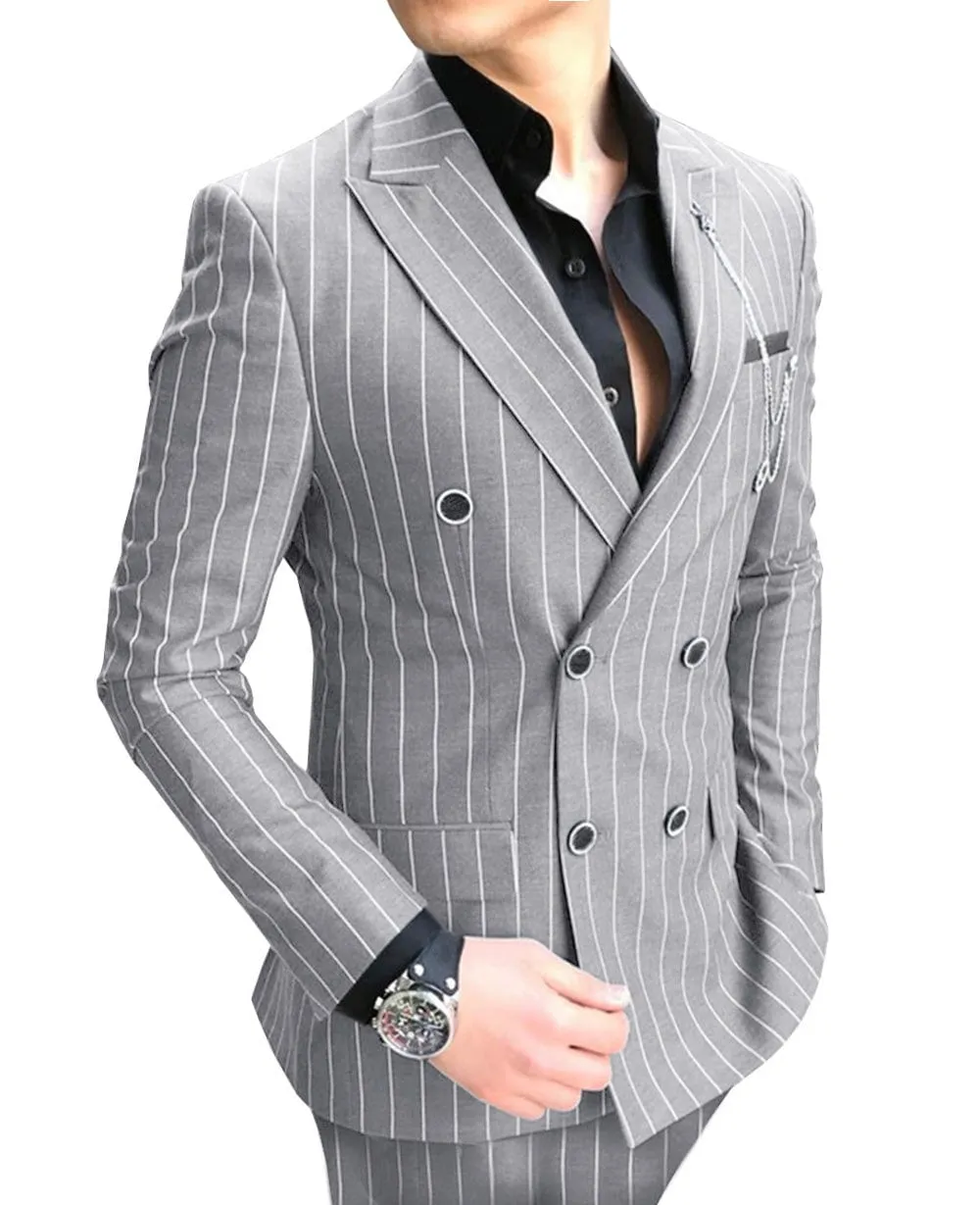 Formal Men's 2 Pieces Pinstripe Suit Peak Lapel Striped Tuxedos (Blazer Pants)