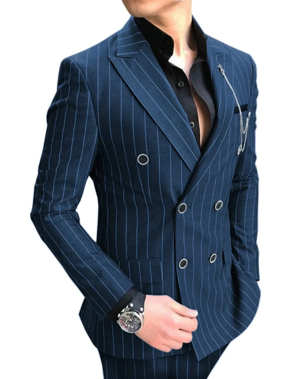 Formal Men's 2 Pieces Pinstripe Suit Peak Lapel Striped Tuxedos (Blazer Pants)