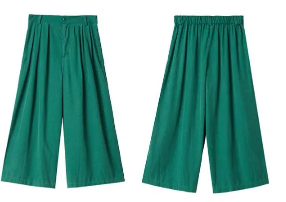 Green Linen Wide Leg Women Casual Pants SJ97235