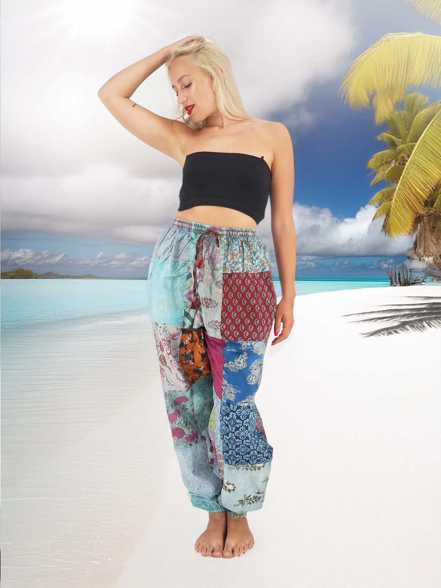 Handmade Floral Patchwork Bohemian Cotton Hippie Yoga Pants Blue Tones