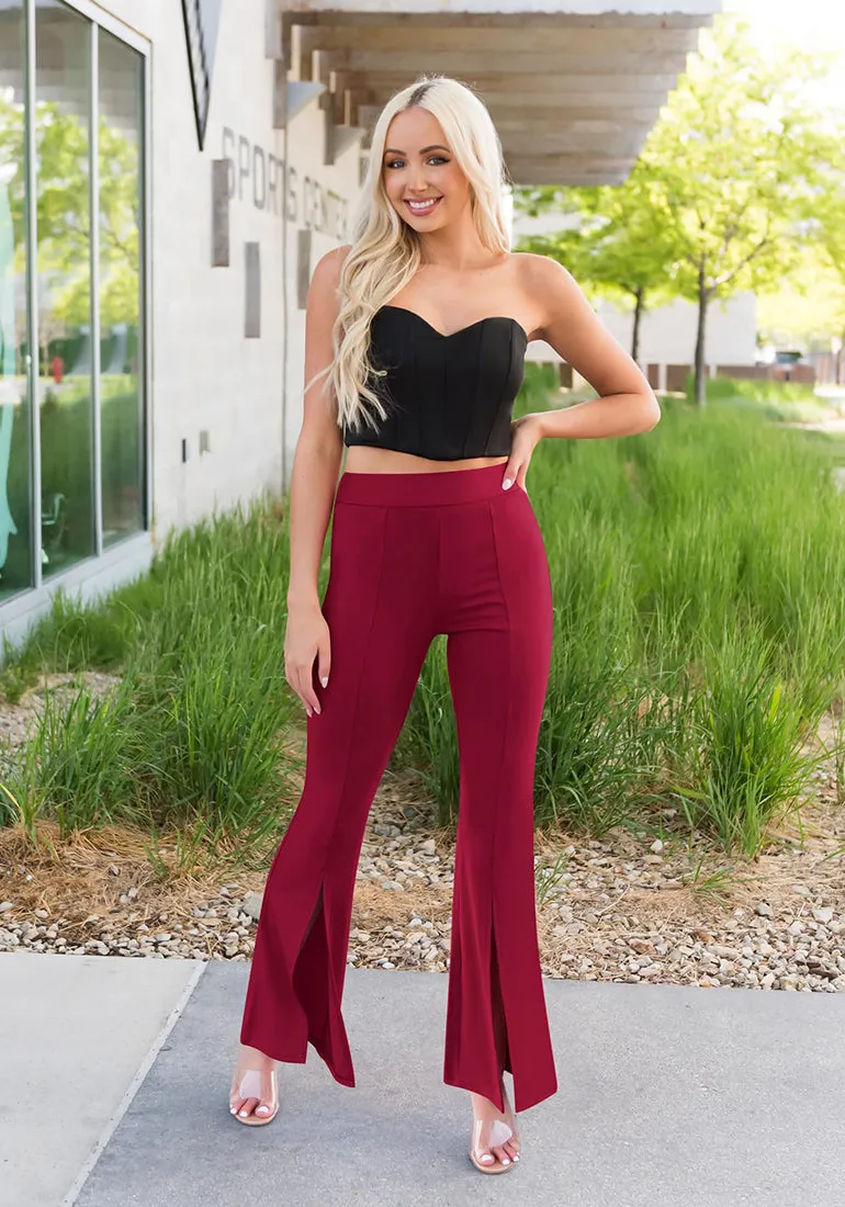 Haute Red Women's Business Wide Leg Pants Dress Flare Split Hem Slacks