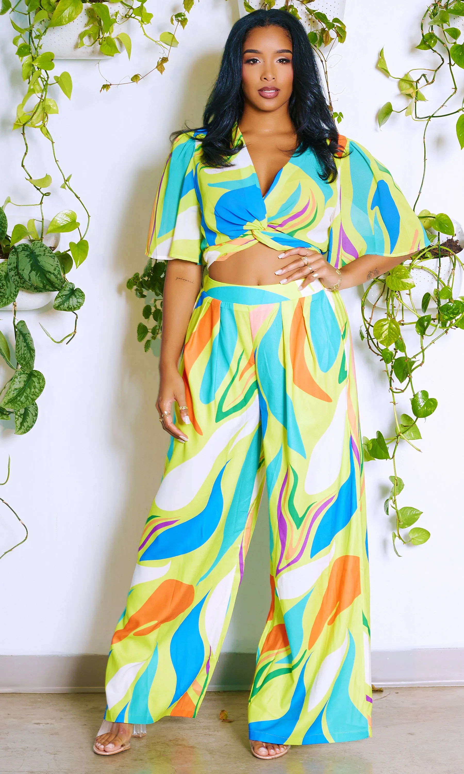 High Vibrations | Print Crop Top Set-Lime