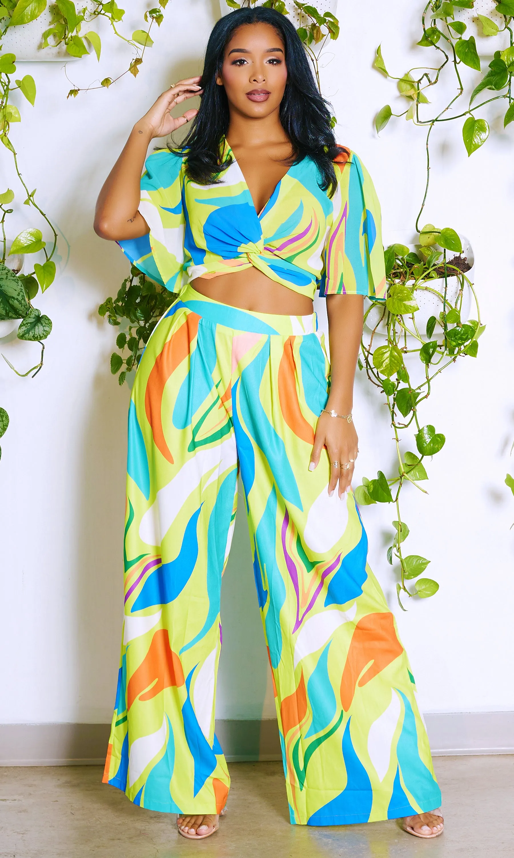 High Vibrations | Print Crop Top Set-Lime