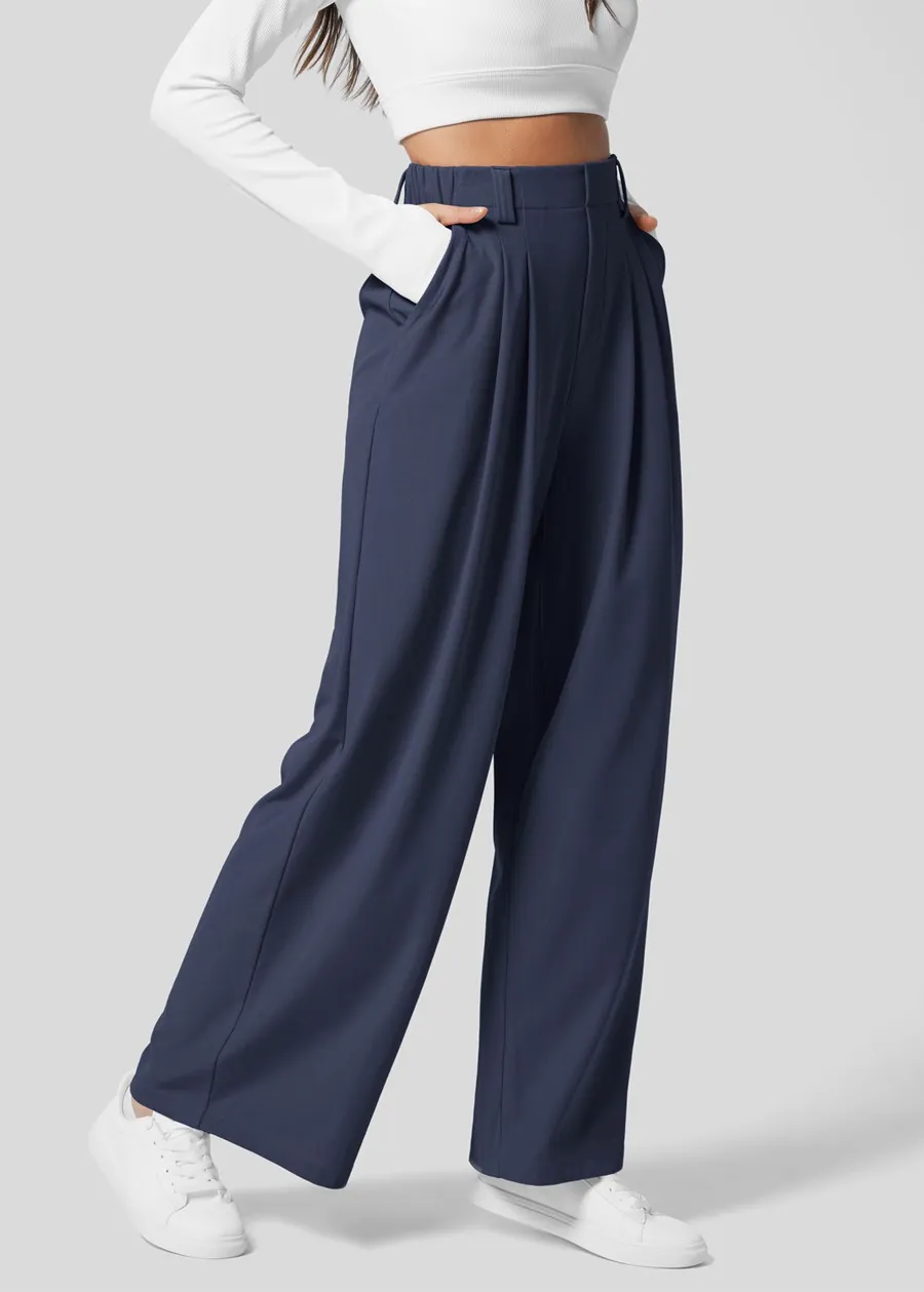 High Waisted Plicated Side Pocket Wide Leg Waffle Work Pants