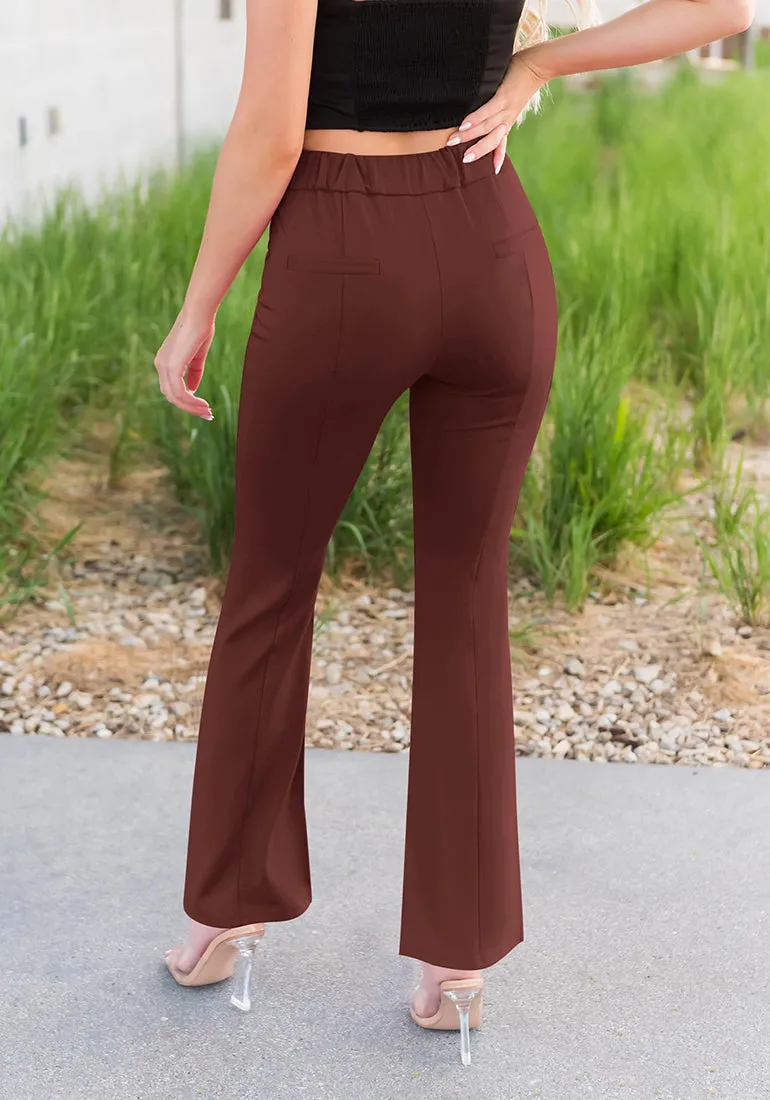 Madder Brown Women's Business Wide Leg Pants Dress Flare Split Hem Slacks