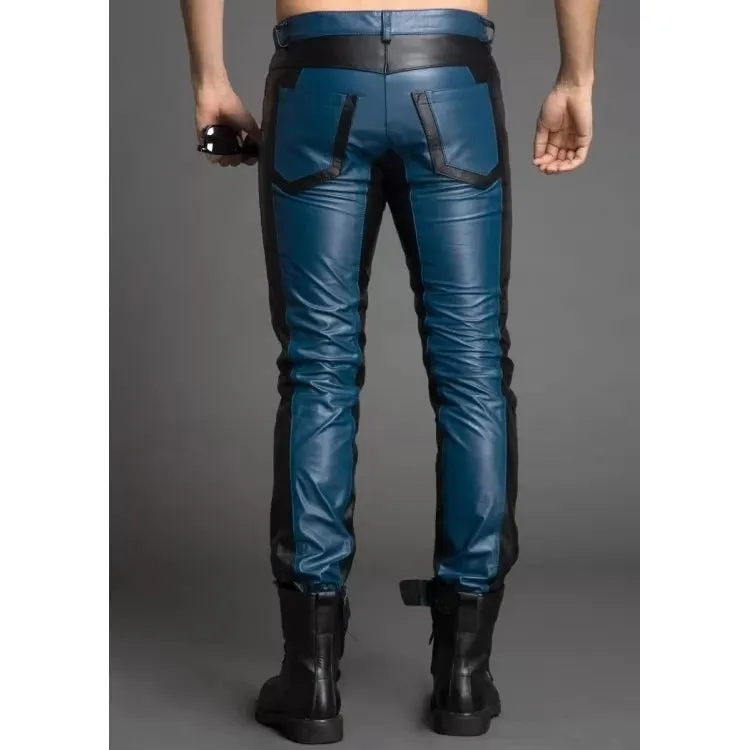 Men Fashion Contrast Color Genuine Black and Blue Leather Pants