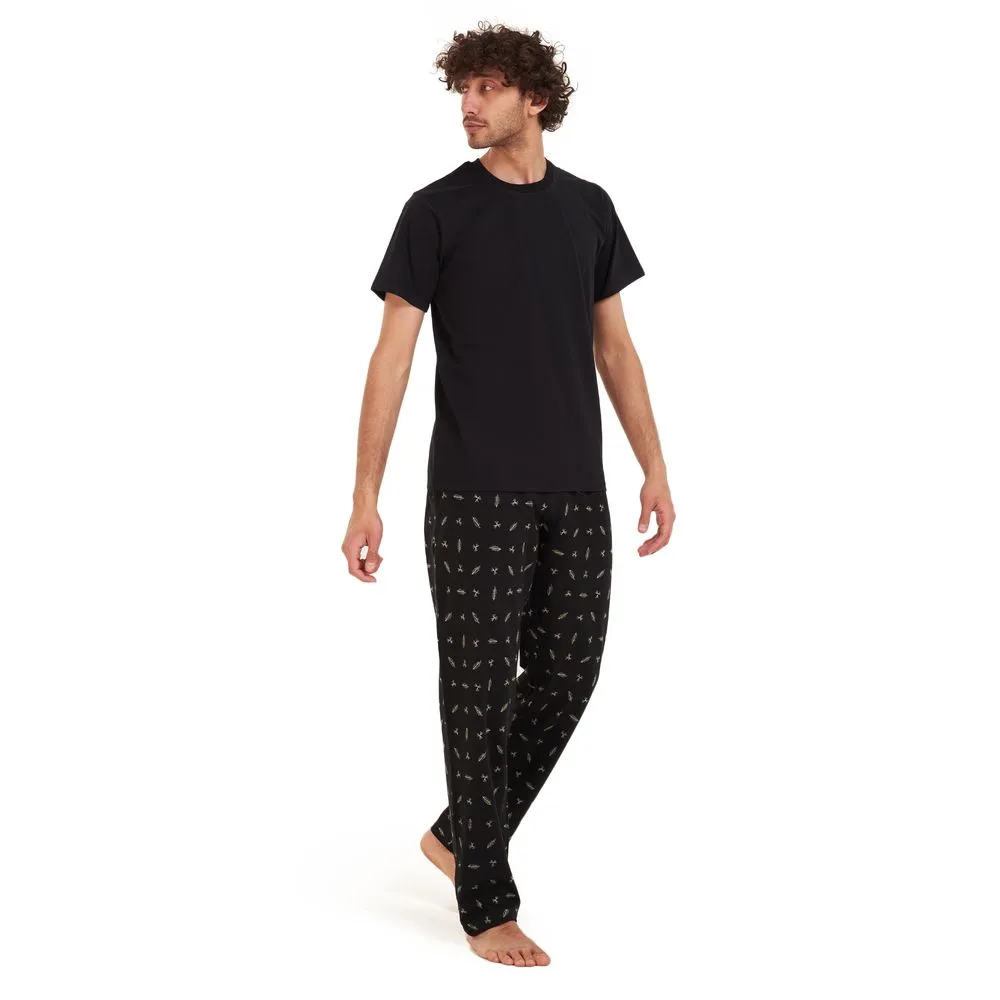 Men summer pajama set Black t-shirt  Black leaves Pants