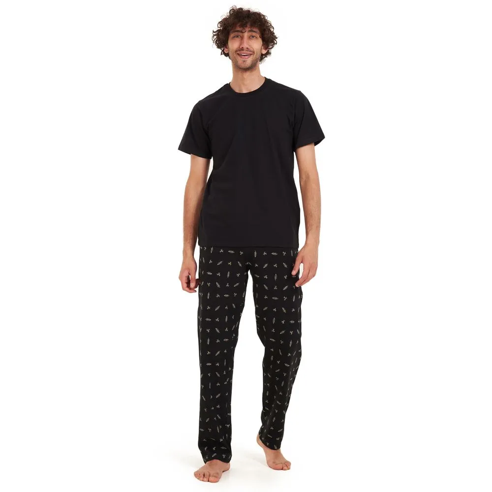 Men summer pajama set Black t-shirt  Black leaves Pants