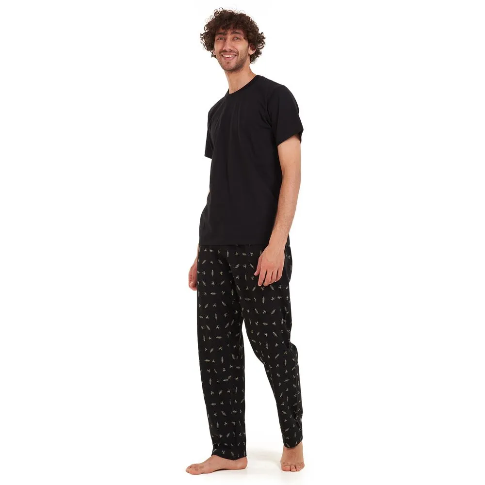 Men summer pajama set Black t-shirt  Black leaves Pants