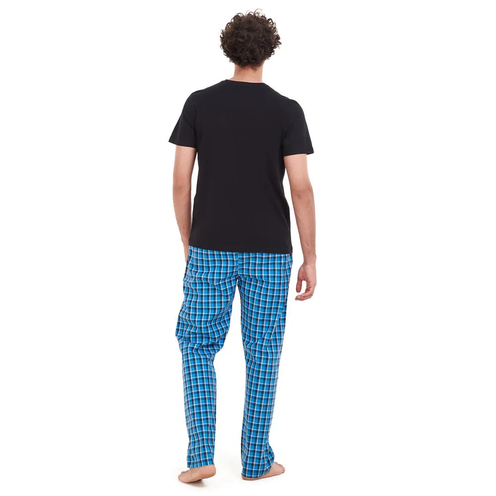 Men summer pajama set Black T-shirt   Blue x Black Checkered pants