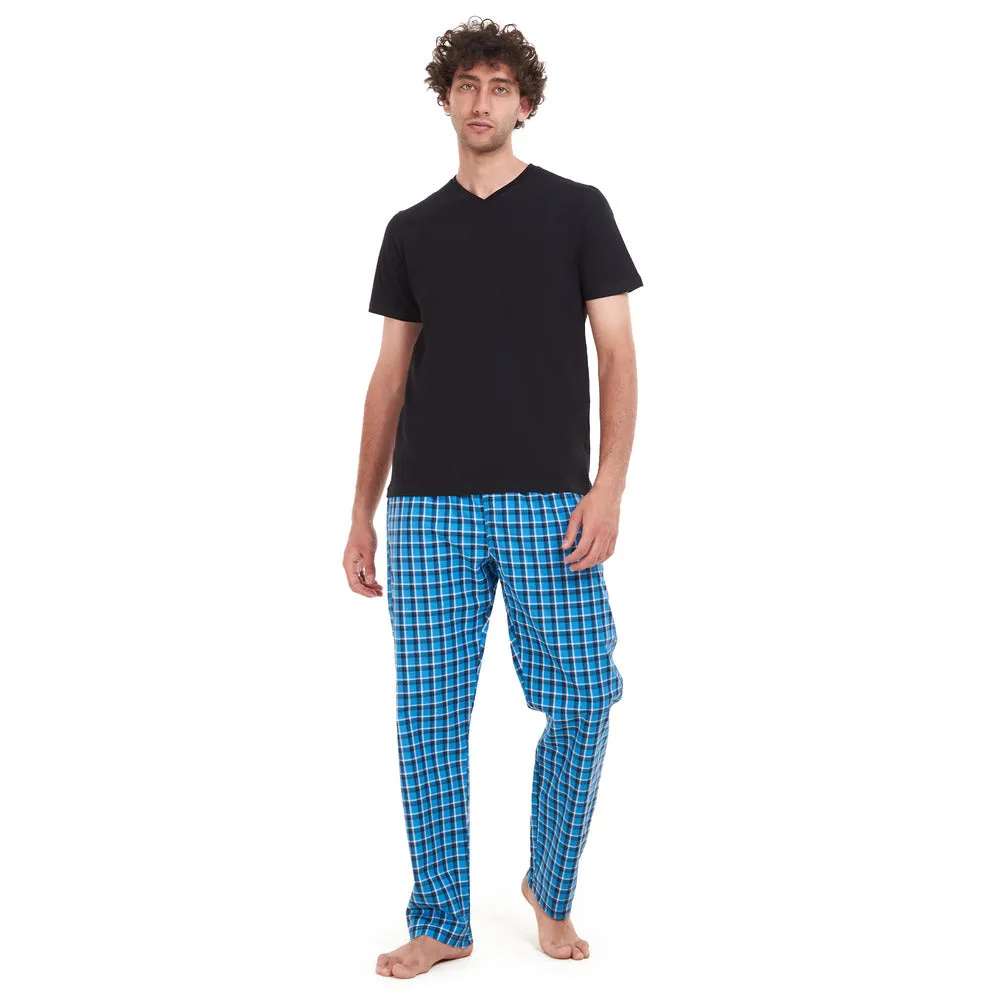 Men summer pajama set Black T-shirt   Blue x Black Checkered pants