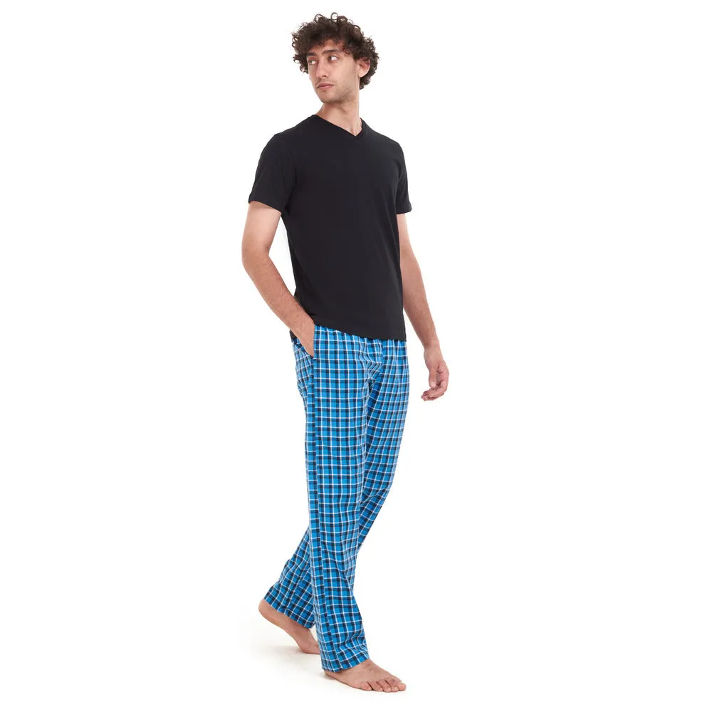 Men summer pajama set Black T-shirt   Blue x Black Checkered pants