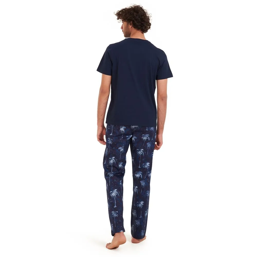 Men summer pajama set Dark blue t-shirt  Dark blue Palm Pants