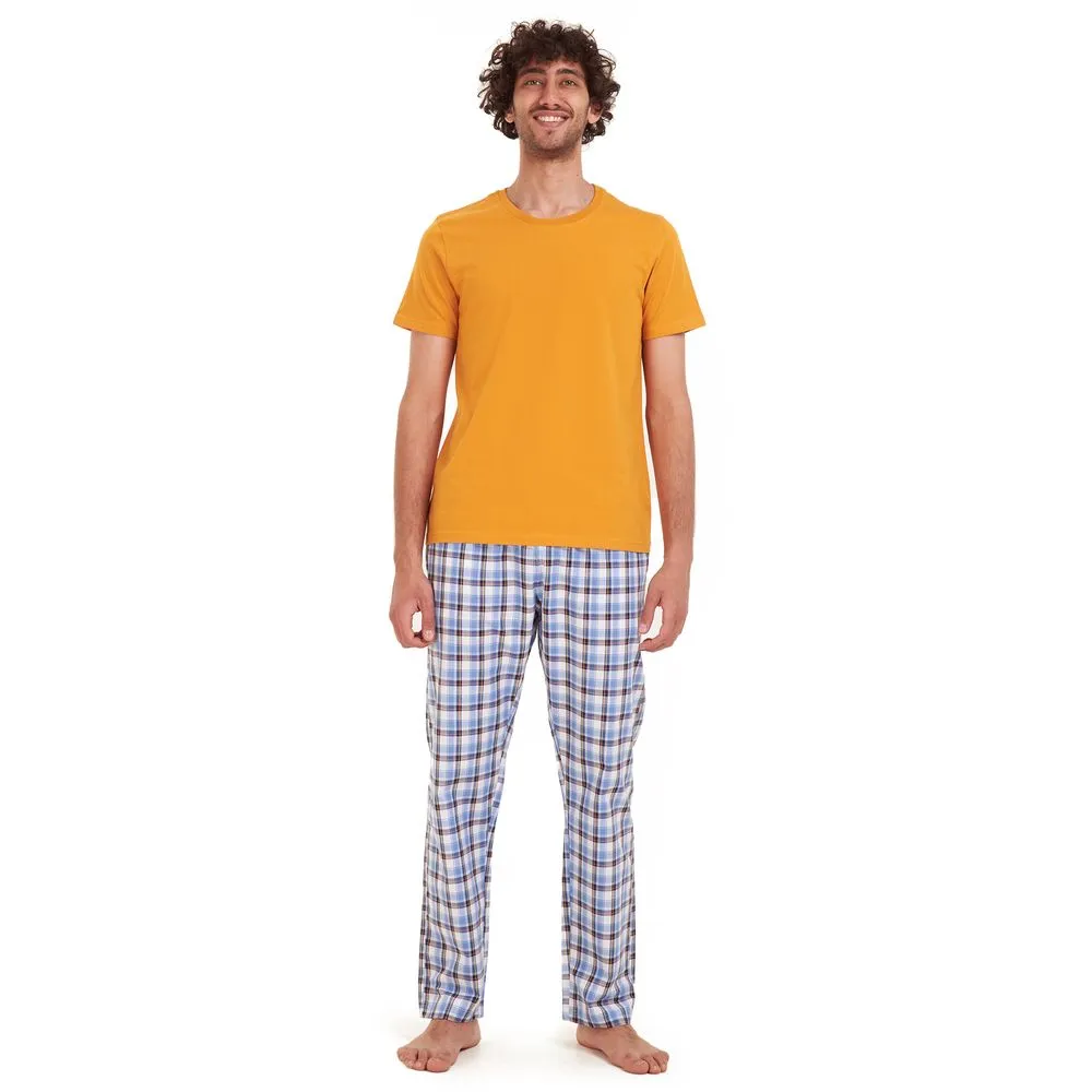 Men summer pajama set Mustard t-shirt   Dark blue x white checkered Pants