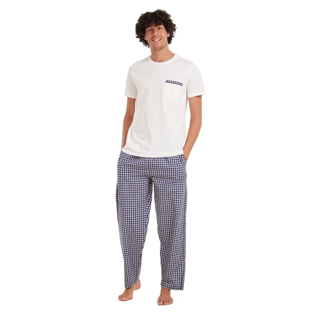 Men summer pajama set Off-white T-shirt  Dark blue checkered pants