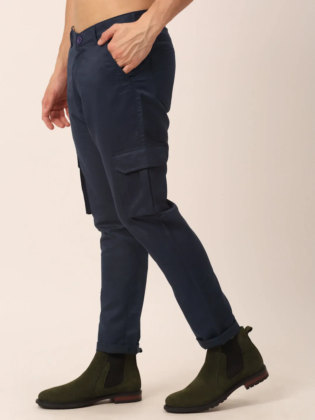 Men's Casual Cotton Solid Cargo Pants ( KGP 154 Navy-Blue ) - Jainish