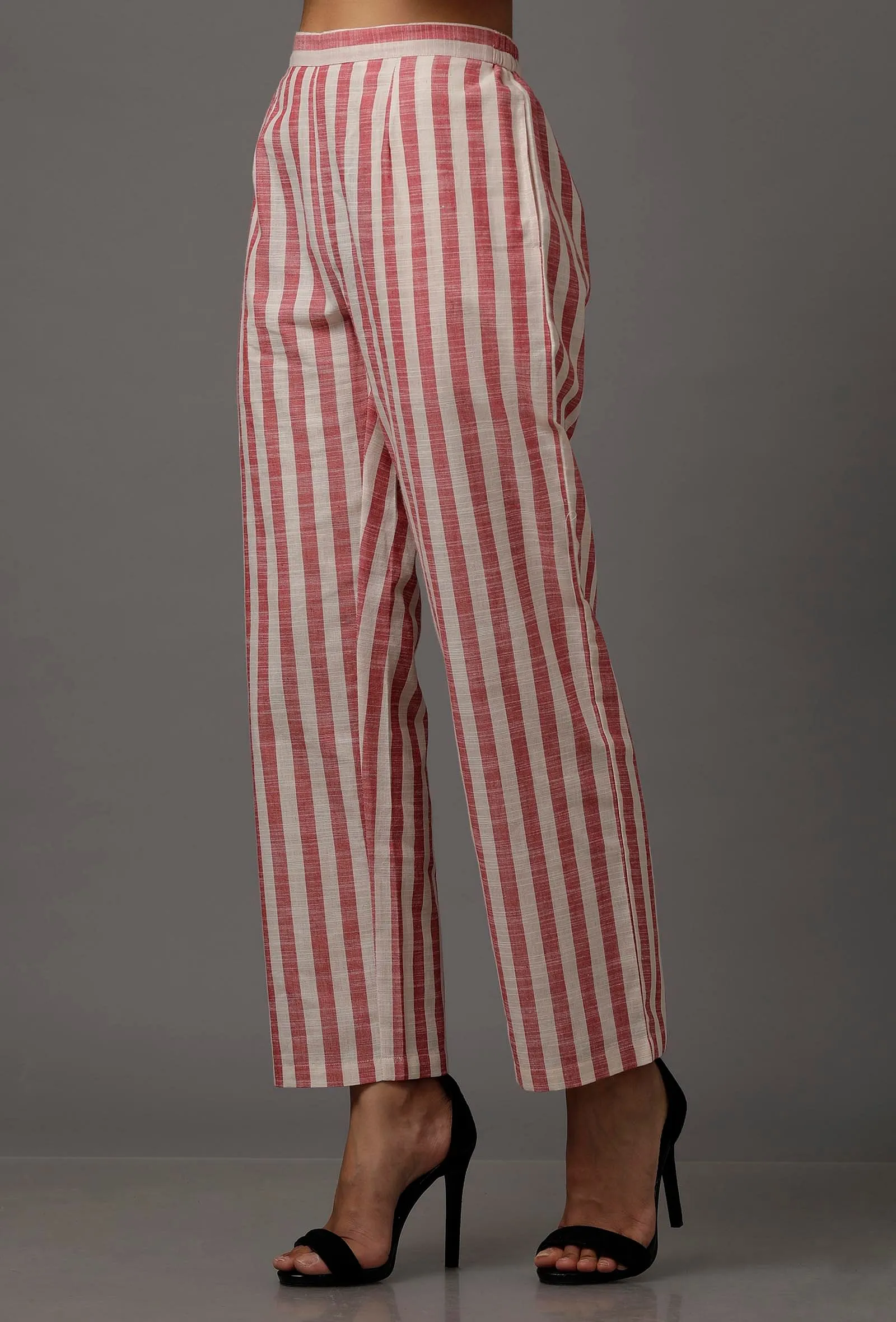 Peach  Red and White Stripes Pure Woven Cotton Pants