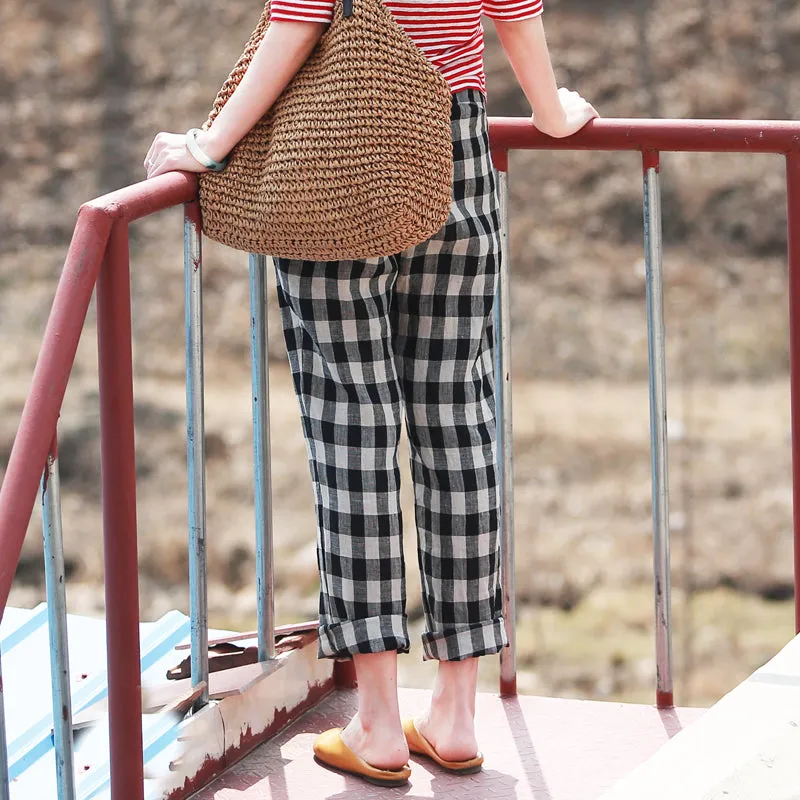 Plaid Linen Pants Summer Wide Legs Women Pants MDYP9763