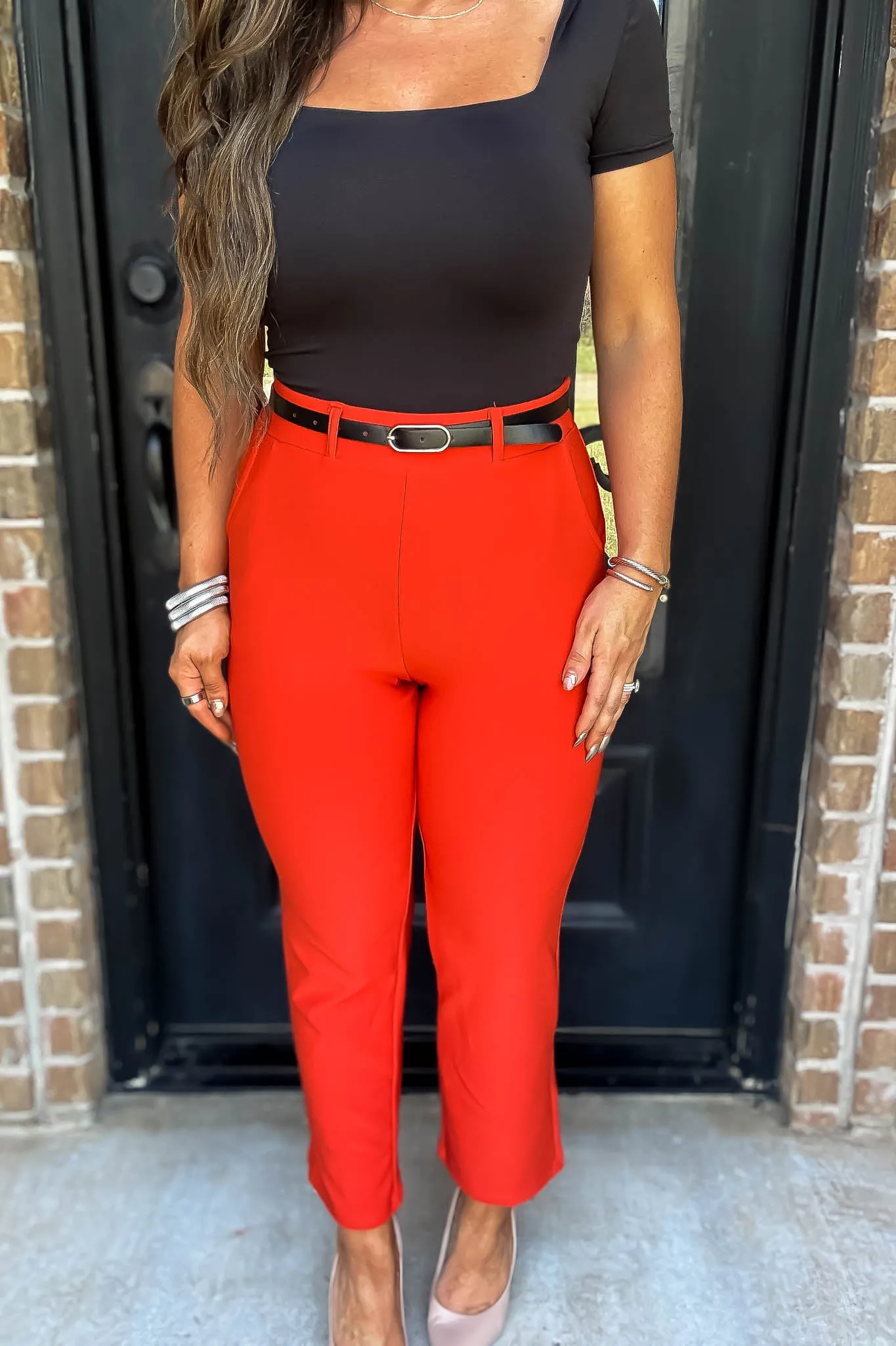 Stretchy Flaming Red Belted Side Pocket Straight Pants