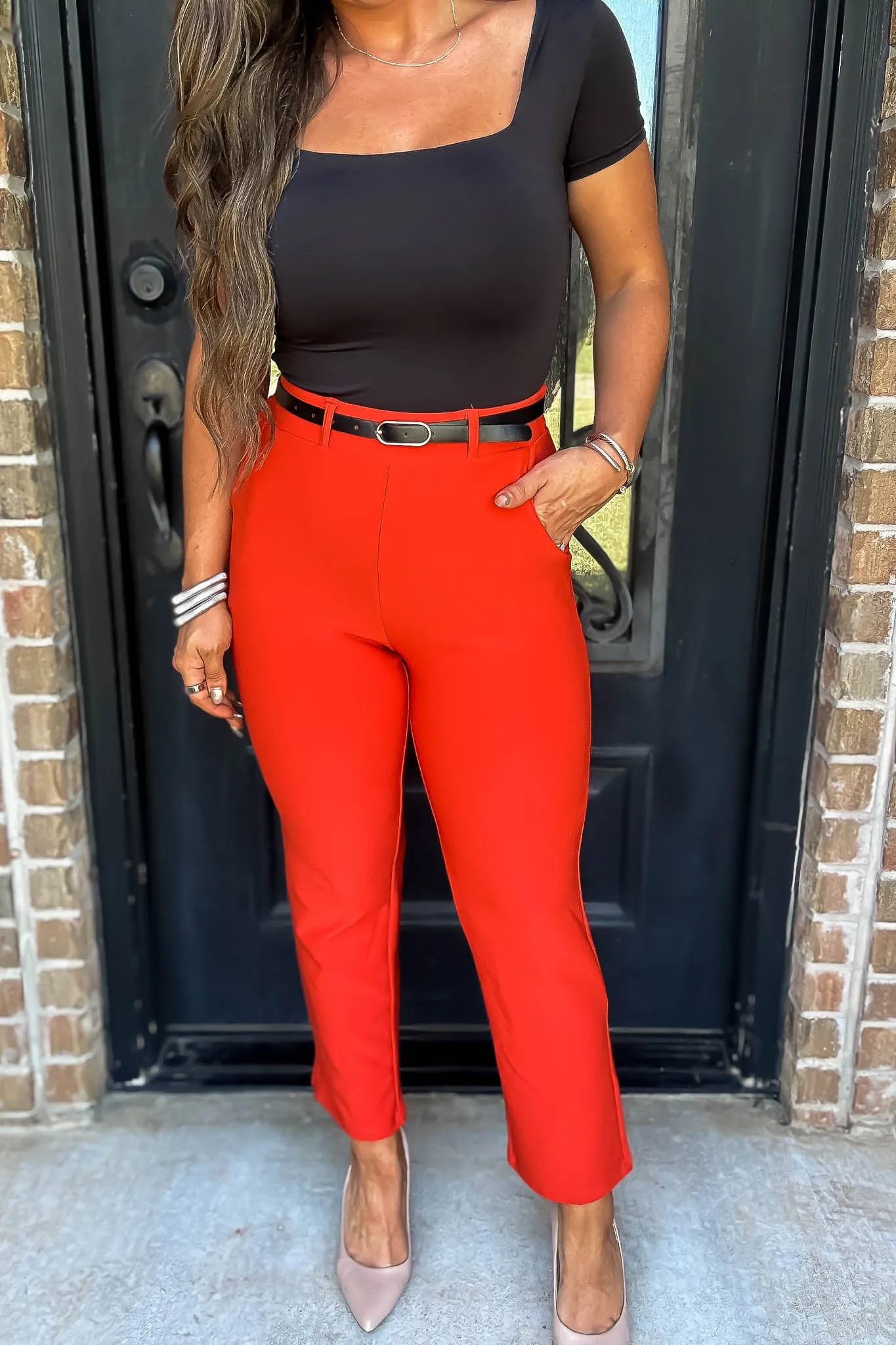 Stretchy Flaming Red Belted Side Pocket Straight Pants