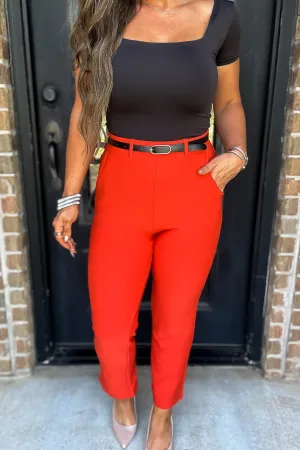 Stretchy Flaming Red Belted Side Pocket Straight Pants