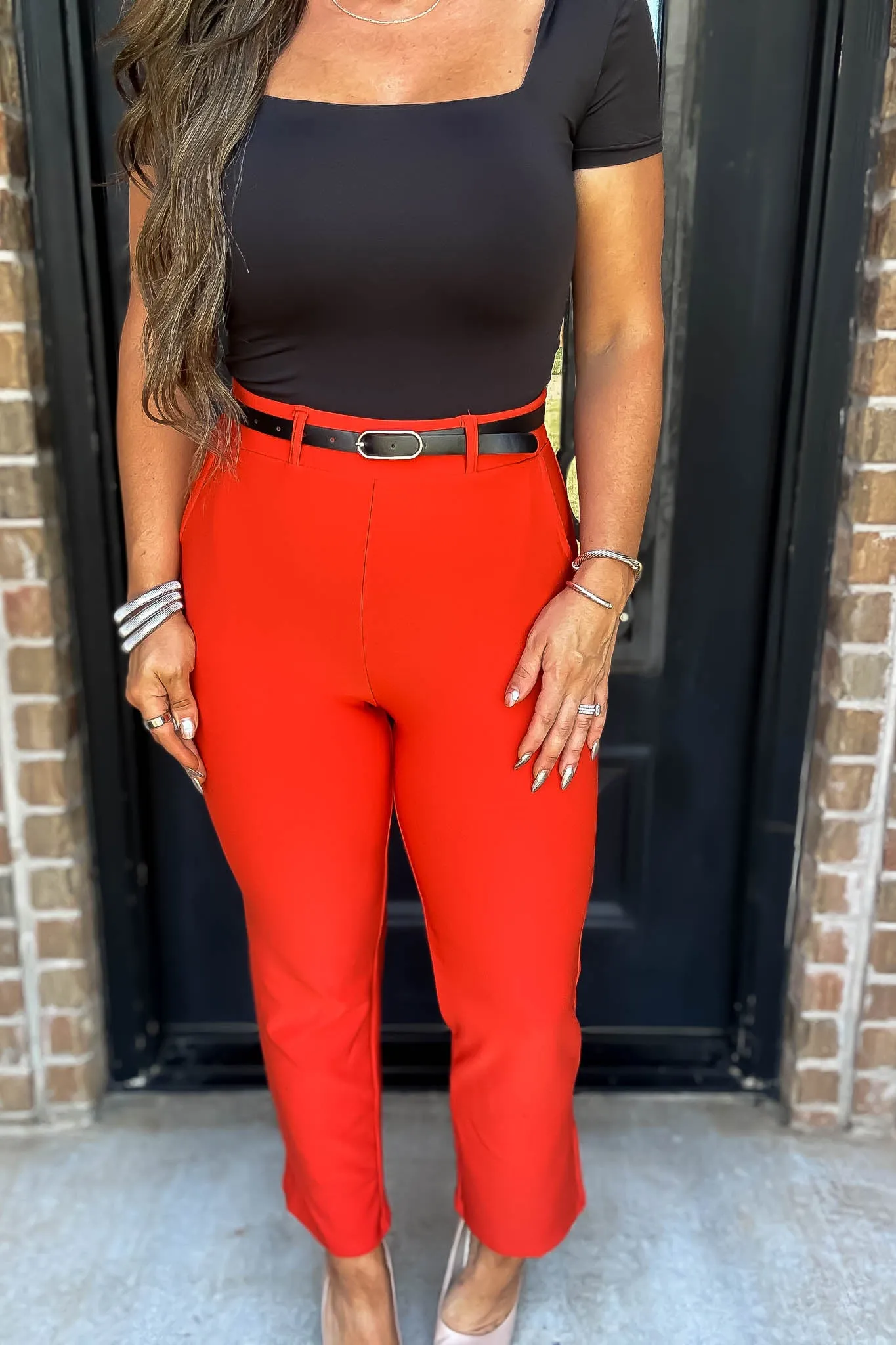 Stretchy Flaming Red Belted Side Pocket Straight Pants