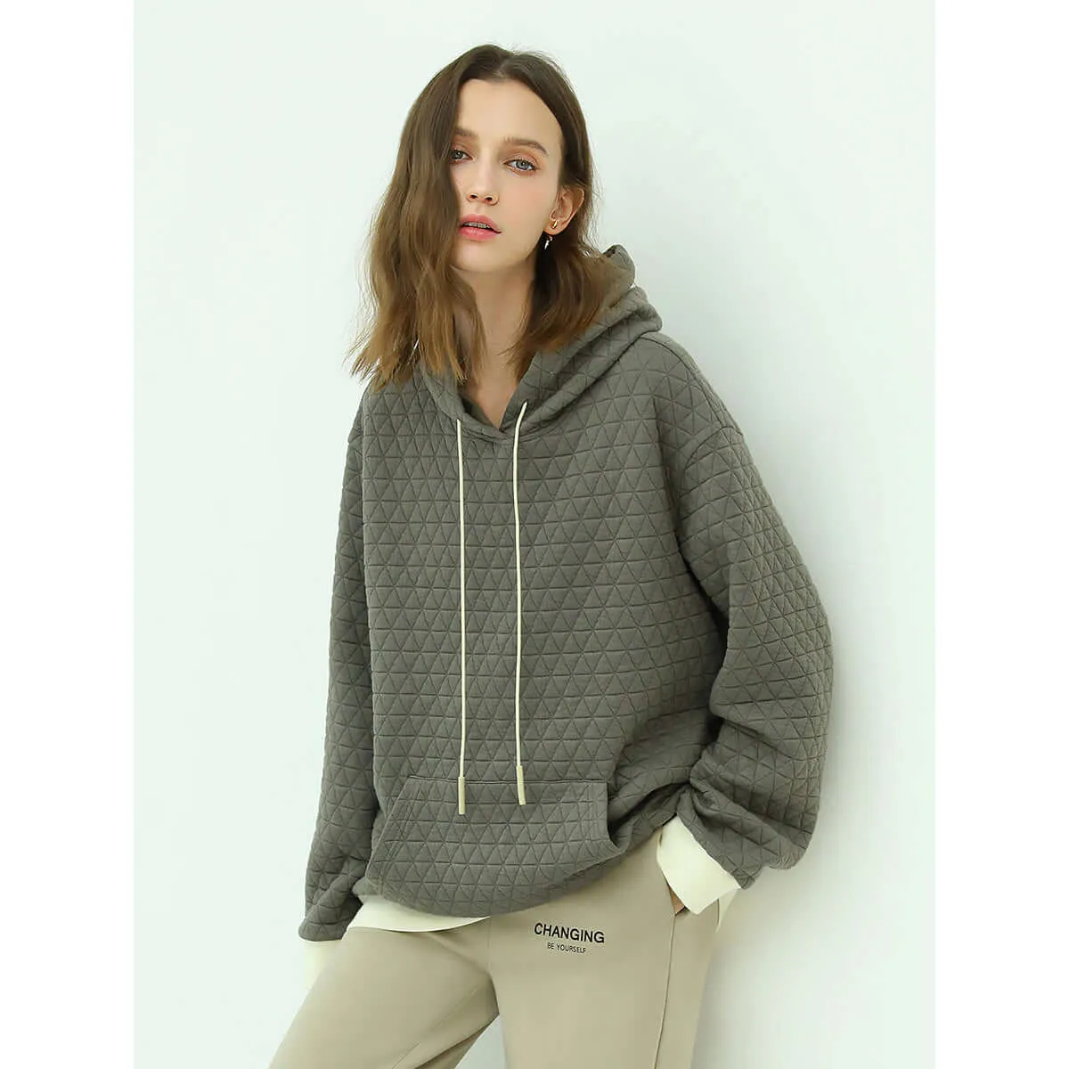 Stylish Geometric Grey Quilted Hoodie