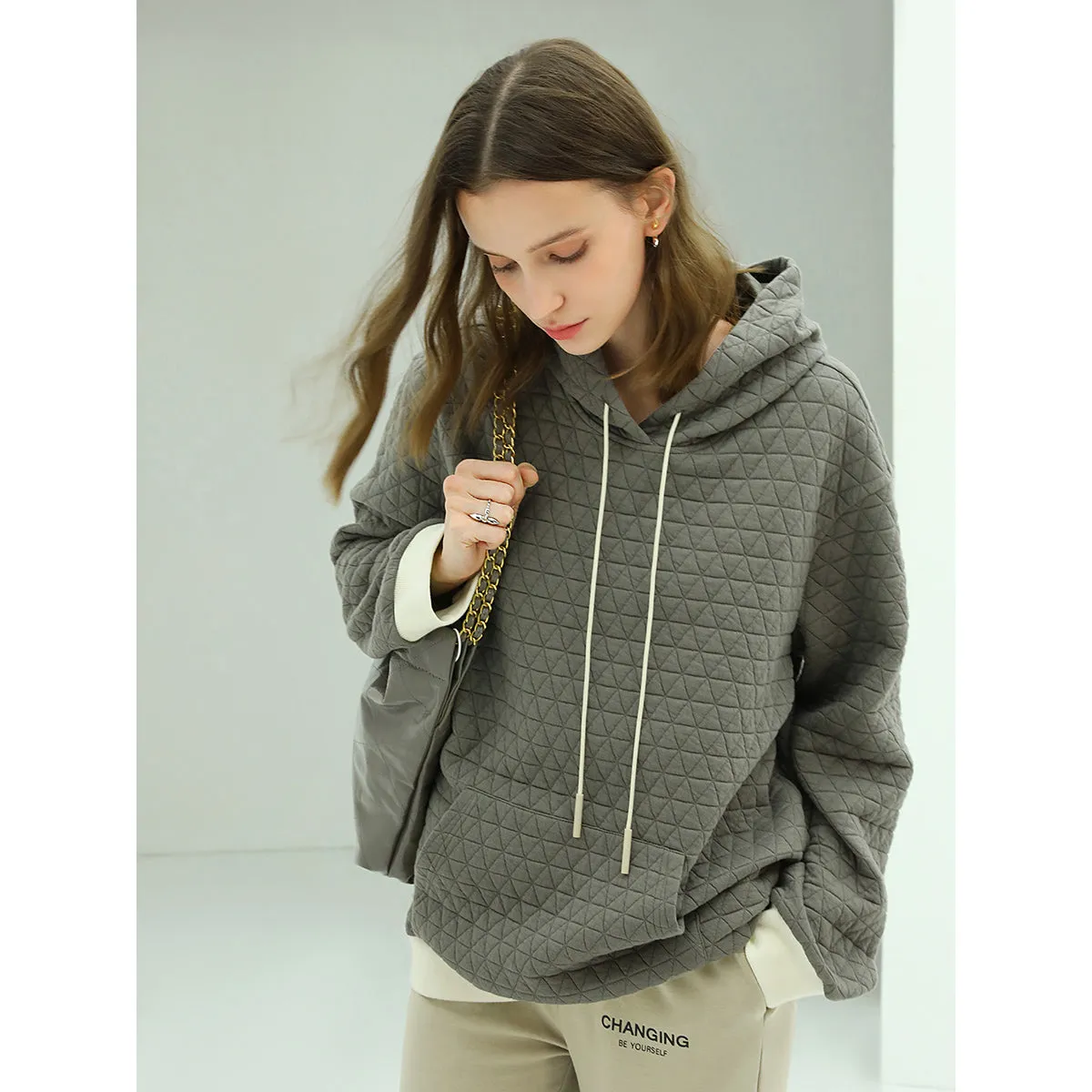 Stylish Geometric Grey Quilted Hoodie