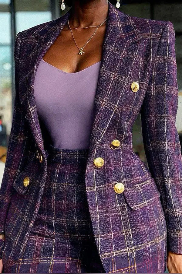 Stylish Plaid Lapel Collar Blazer & Pants Set