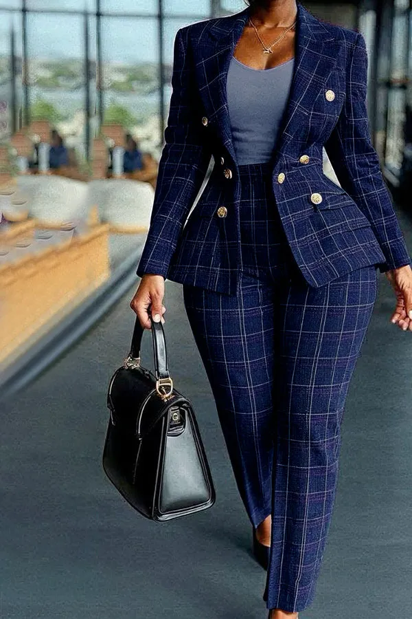 Stylish Plaid Lapel Collar Blazer & Pants Set