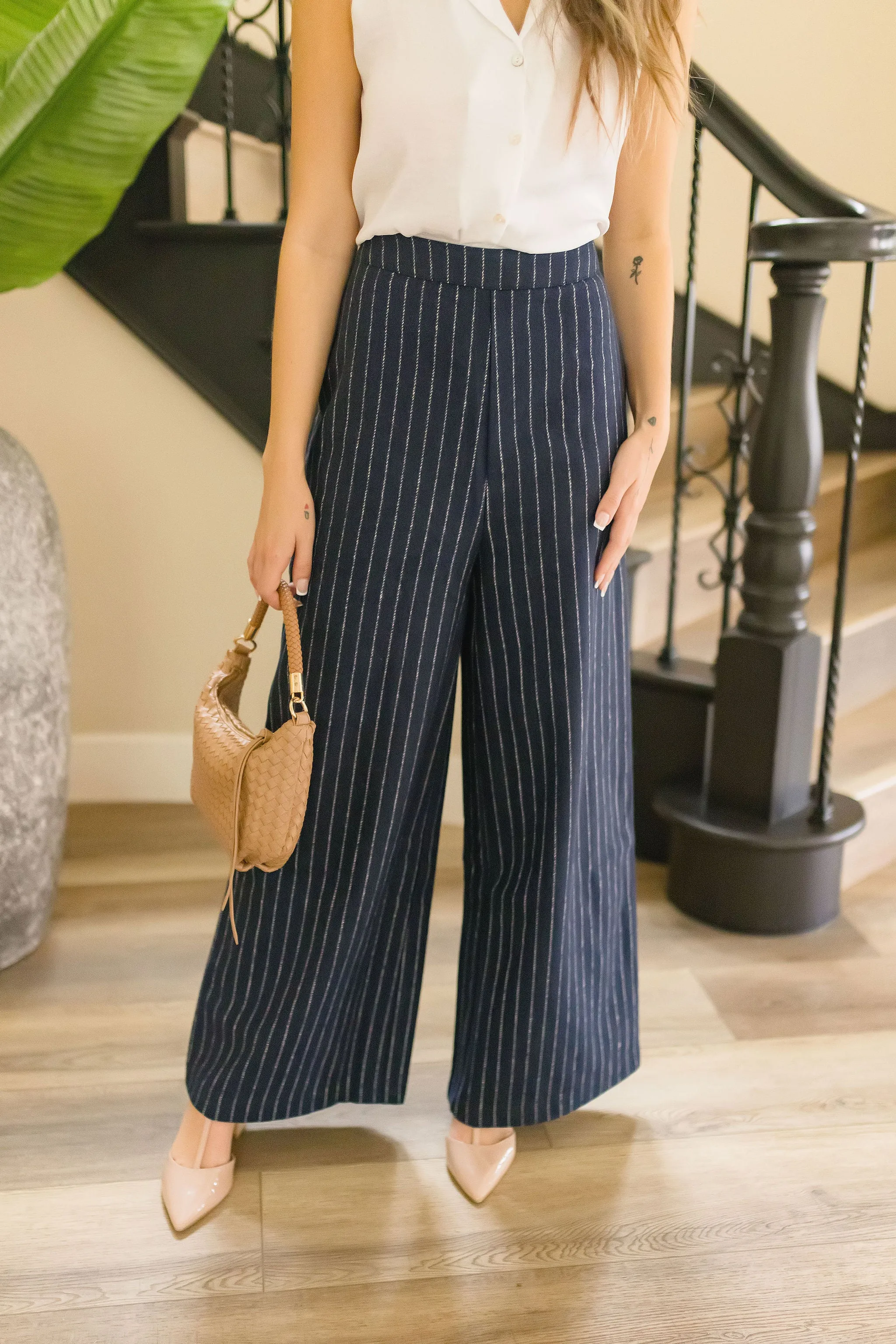 Sutton High Waist Stripe Print Wide Leg Pants Navy