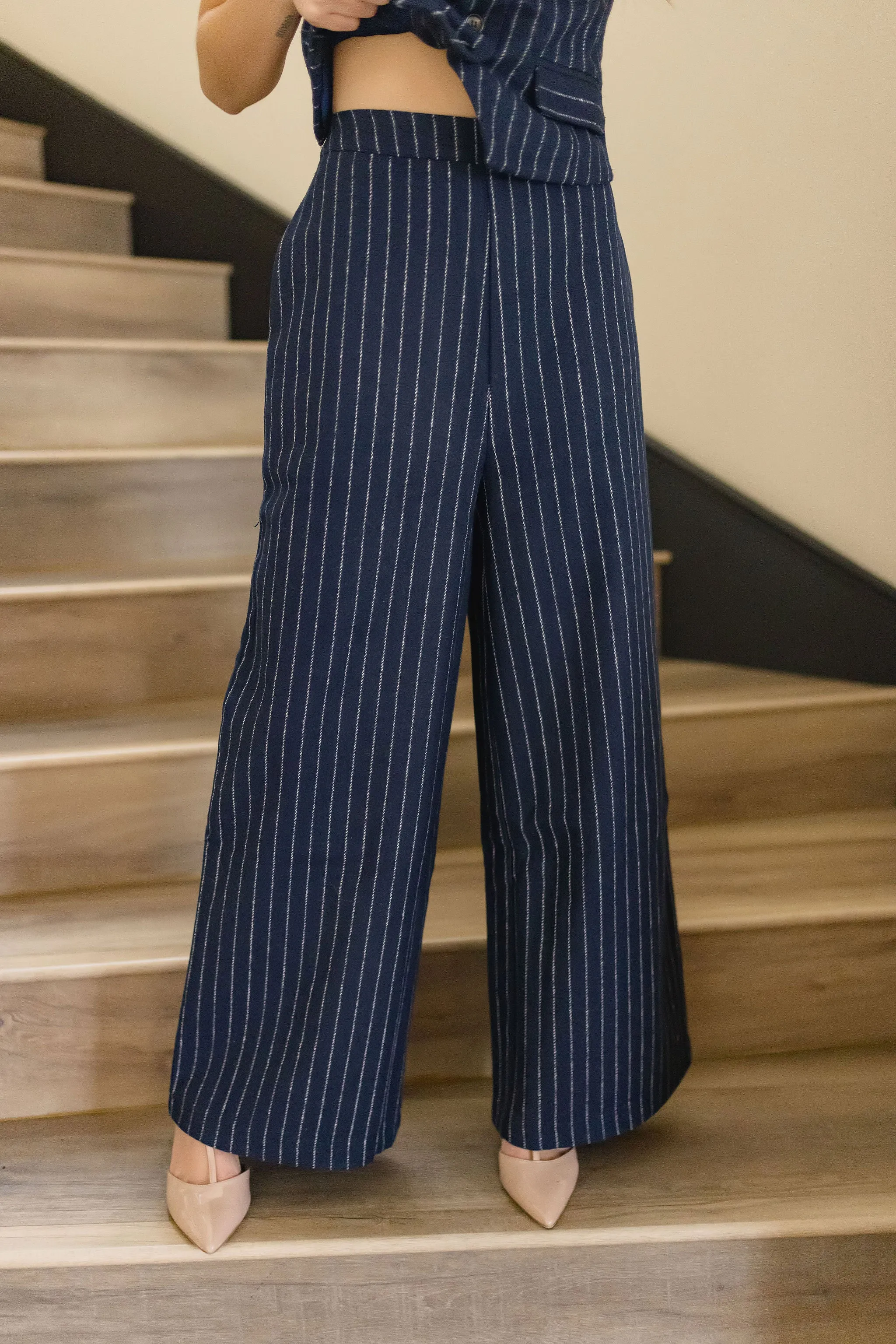 Sutton High Waist Stripe Print Wide Leg Pants Navy