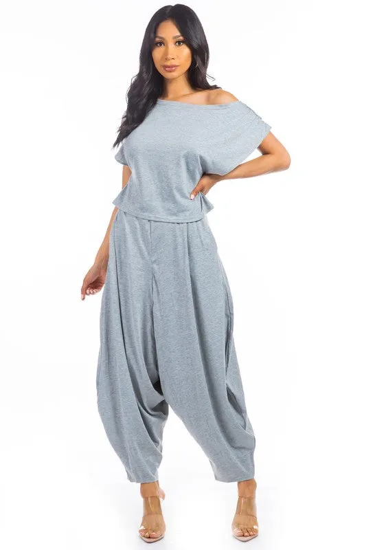 TEEK - 2PC GREY ONE SHOULDER POCKETED PANTS SET