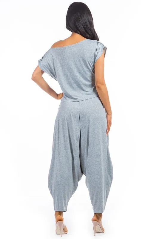 TEEK - 2PC GREY ONE SHOULDER POCKETED PANTS SET