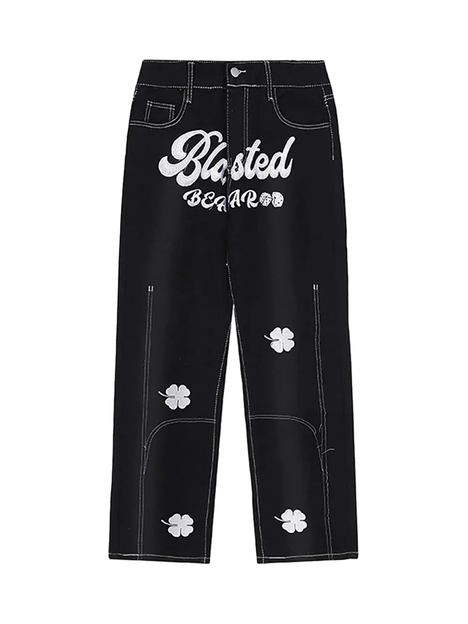 Thesupermade Letter Lucky Clover Embroidered Baggy Jeans - 1162