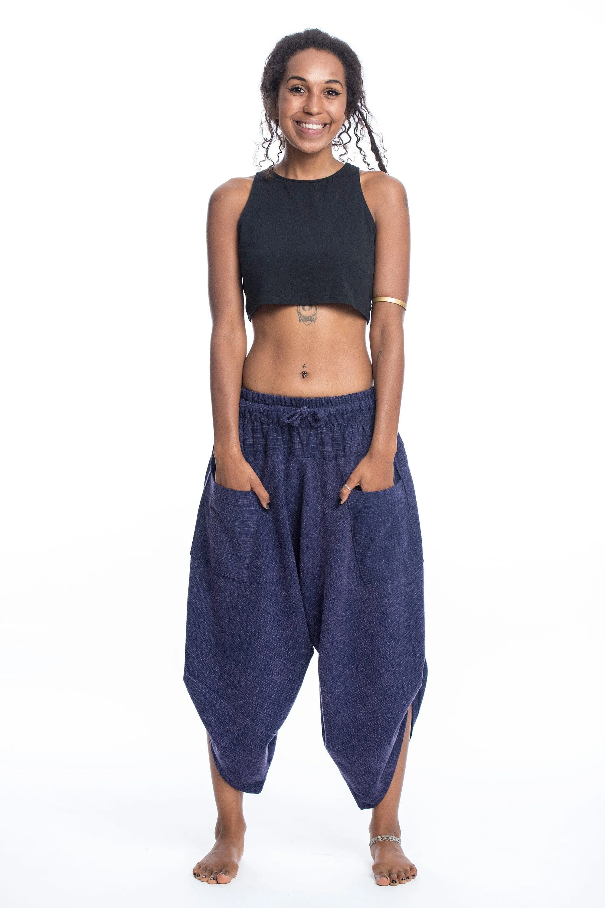 Unisex Stone Washed Large Pockets Harem Pants in Blue