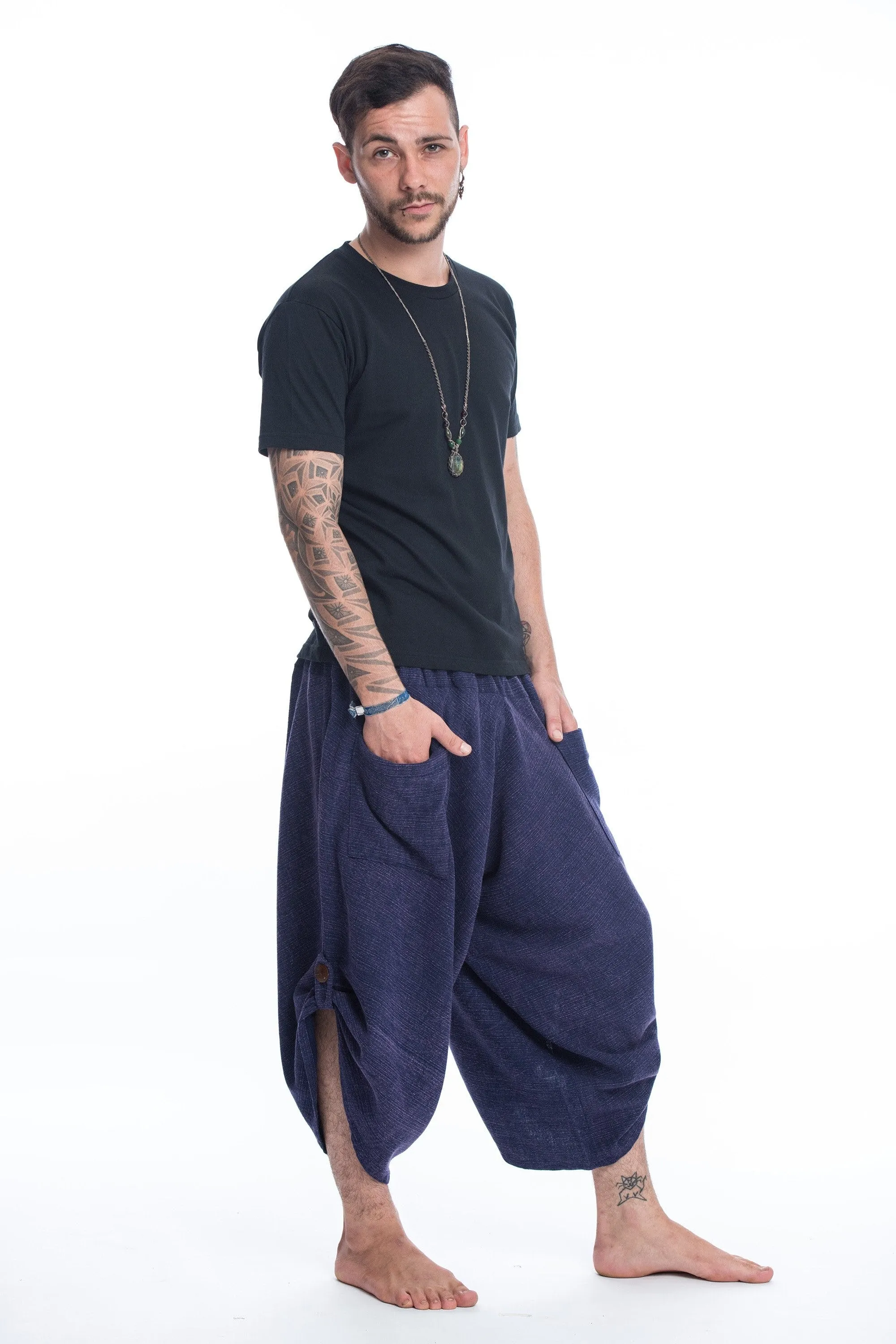 Unisex Stone Washed Large Pockets Harem Pants in Blue