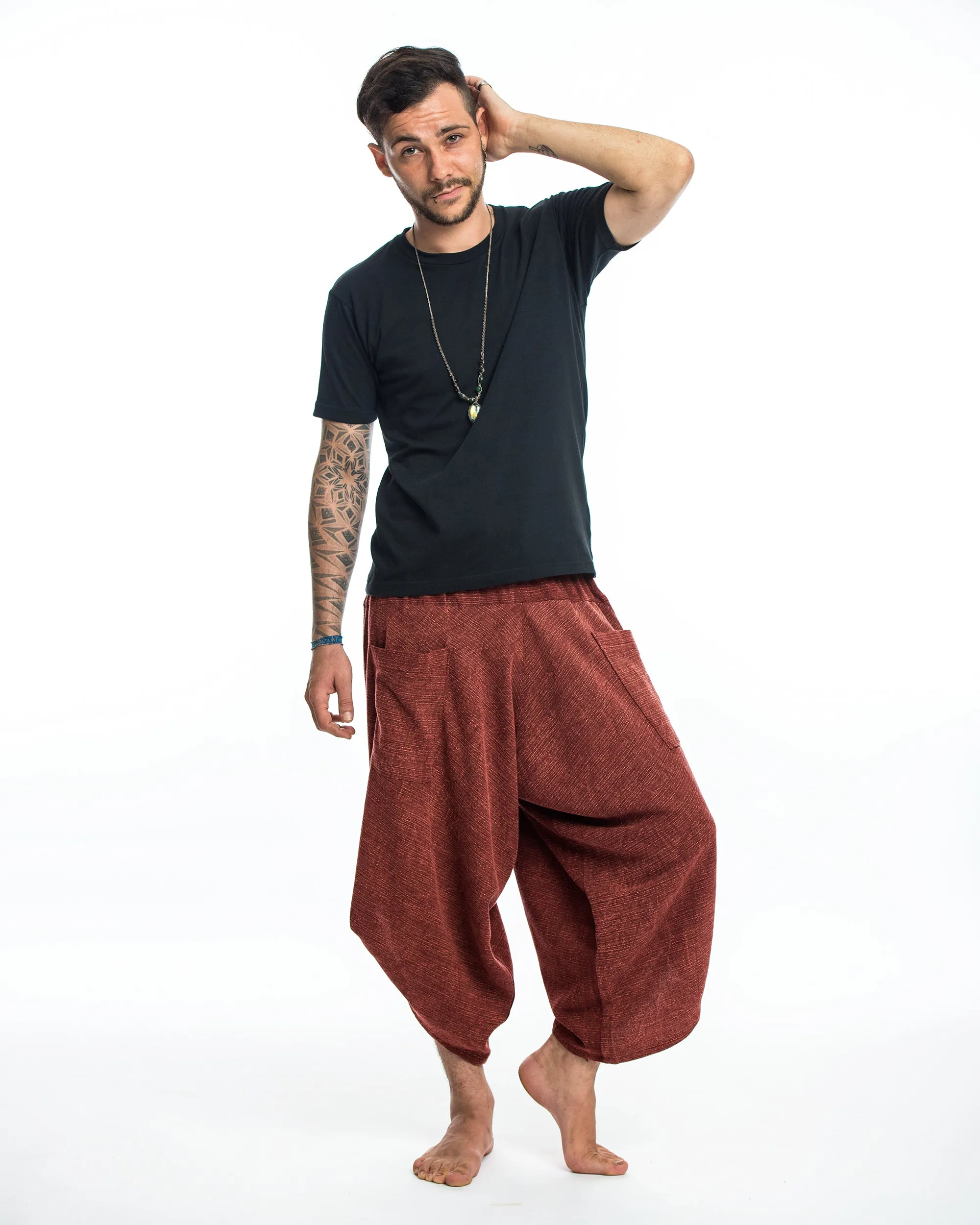 Unisex Stone Washed Large Pockets Harem Pants in Brick