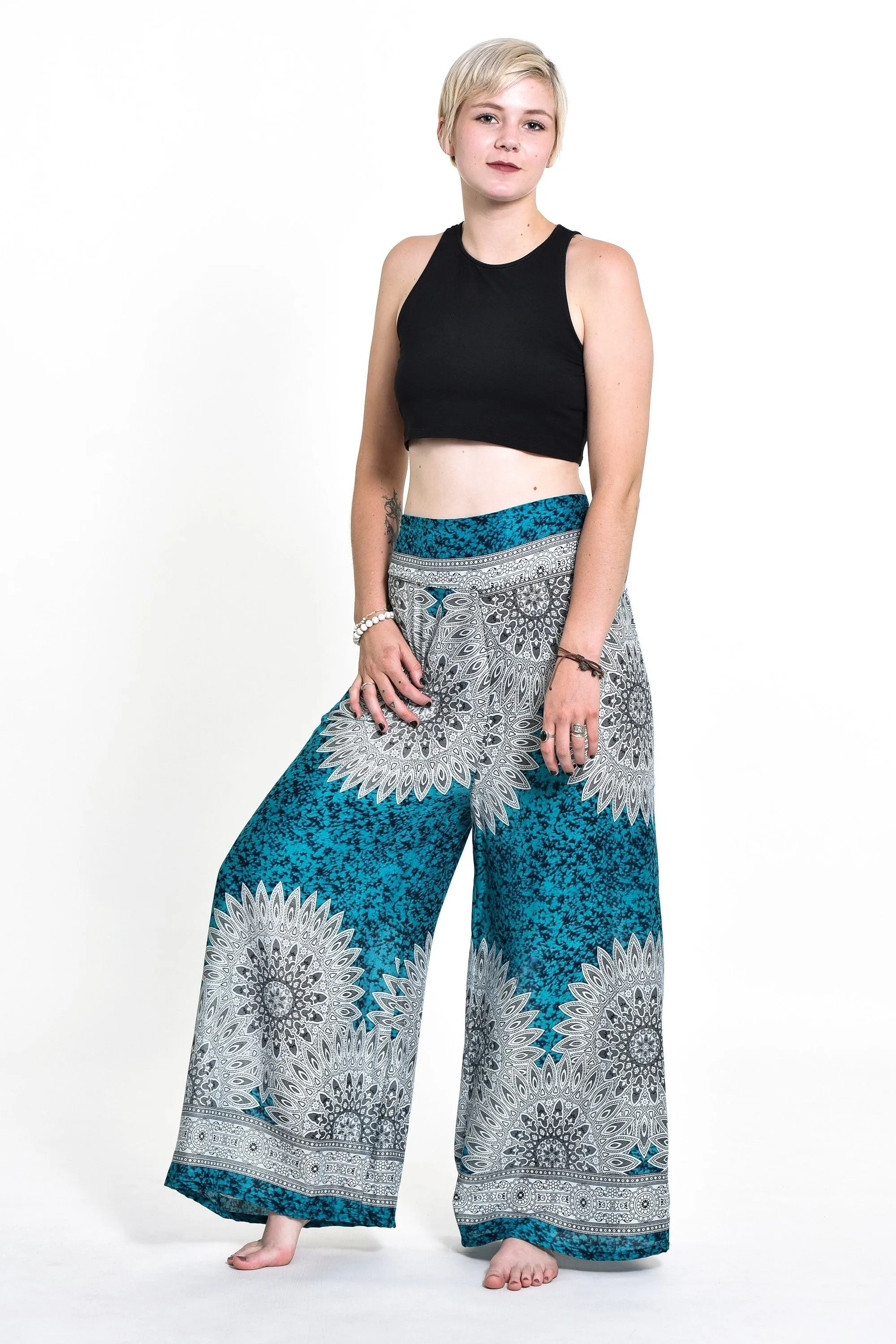 Womens Marble Mandalas Palazzo Pants in Turquoise