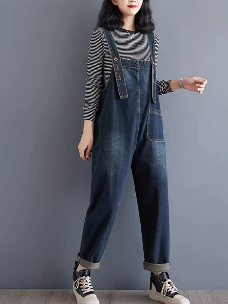 Women's Stylish Retro Print Denim Pocket Style Overalls Dungarees